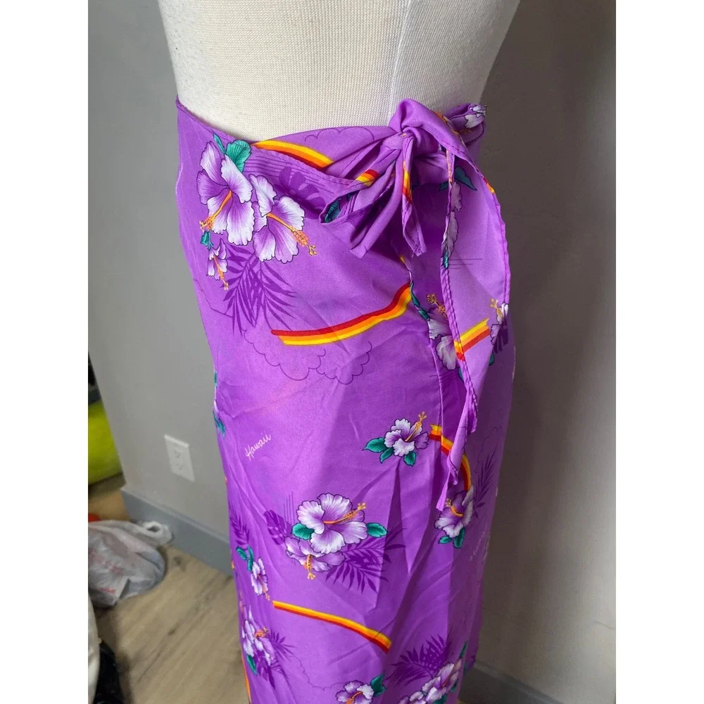 Vintage Hawaii Wrap Skirt Purple Hibiscus Rainbow Tropical Sarong Beach Coverup